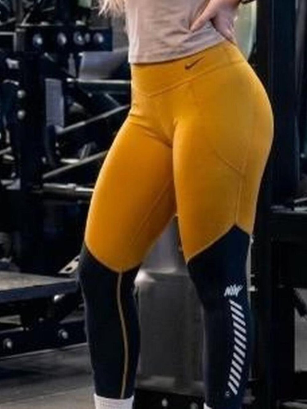 Nike Dri-Fit Mustard Yellow Black Graphic Colorblock Leggings Size L - Picture 5 of 9